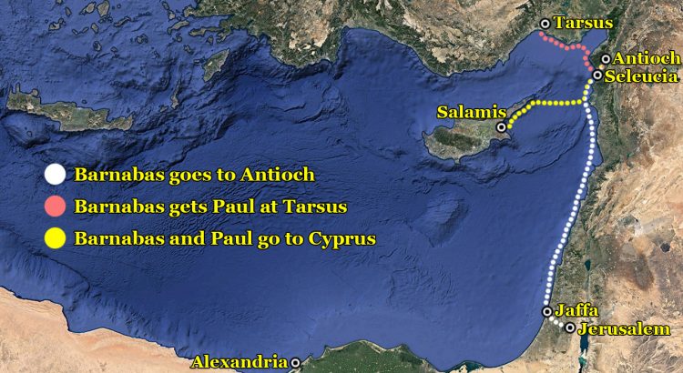 Map of the journeys of Barnabas and Paul