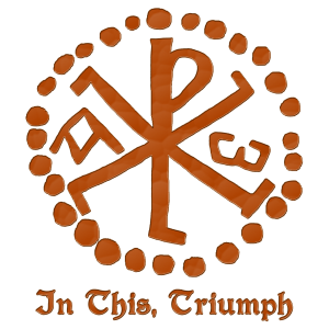 Chi Rho symbol with text: "In this triumph"